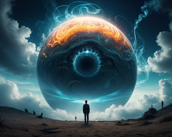 Surreal Landscape with Figure and Swirling Planet