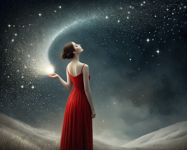 Woman in Red Dress in Ethereal Starry Landscape