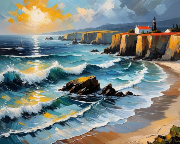 Vibrant Coastal Scene with Lighthouse and Shoreline