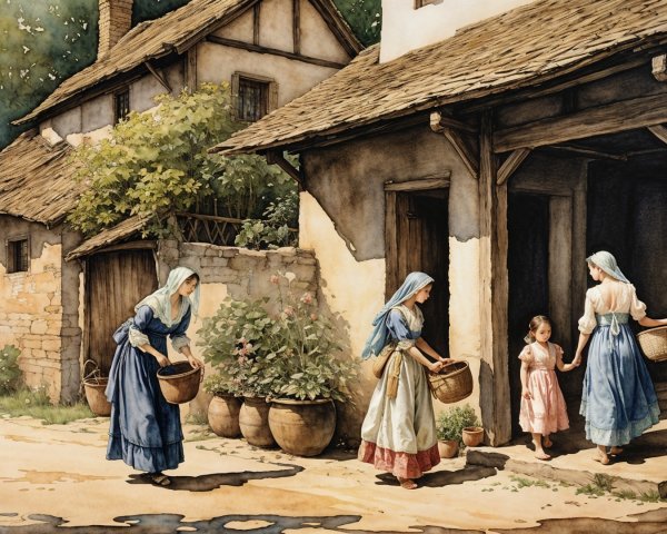 Women in Traditional Attire in a Serene Village Setting