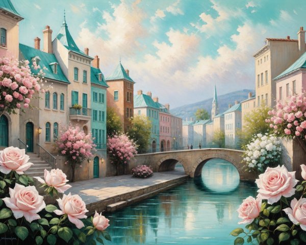 Charming Town with Serene Canal and Pastel Buildings