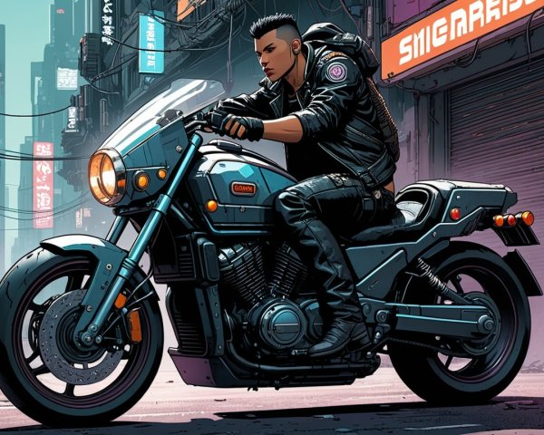 Futuristic Motorcycle Rider in Cyberpunk Urban Setting