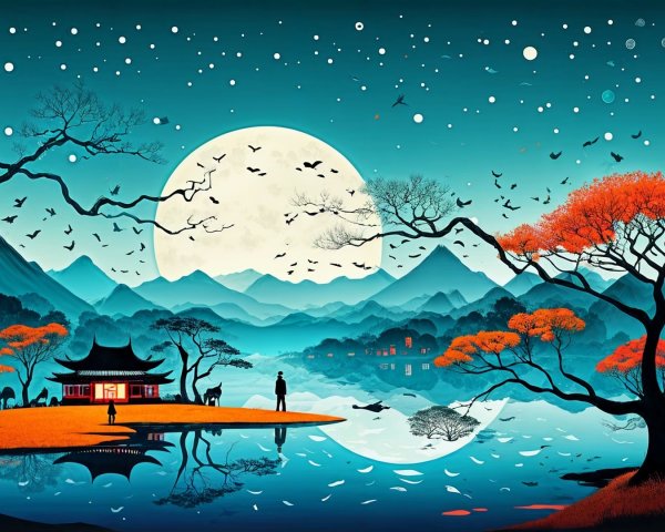 Serene Dusk Landscape with Moonlit Lake and Mountains