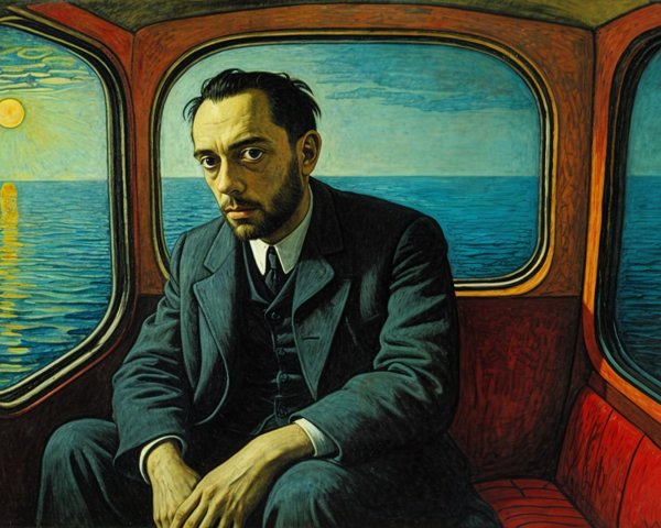 Man in Boat Cabin Reflects on Tranquil Sea at Sunset