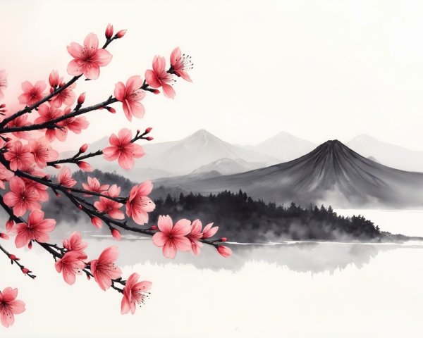 Tranquil Lake and Misty Mountains with Cherry Blossoms