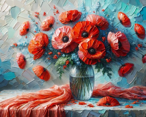 Vibrant Red Poppies in a Clear Glass Vase Arrangement