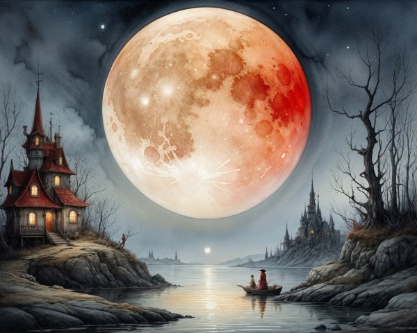 Surreal Landscape with Glowing Red Moon and Gothic House