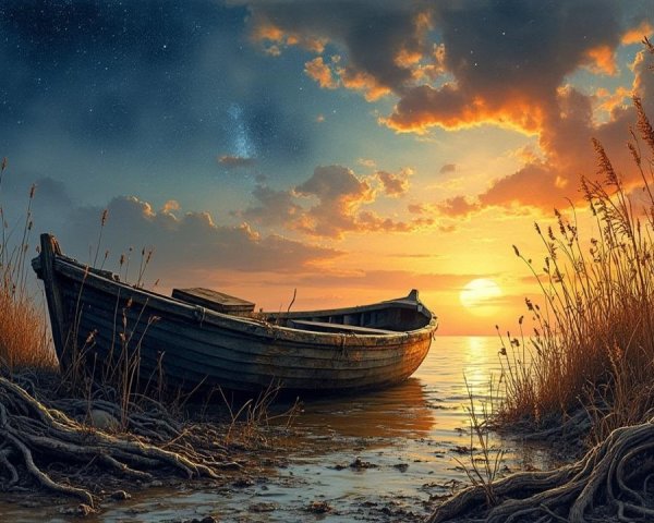 Serene Sunset with Weathered Boat on Calm Shoreline
