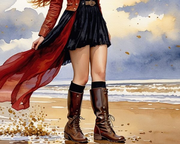 Woman in Red Coat on Serene Beach with Waves