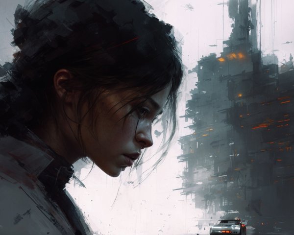 Contemplative Young Woman in Abstract Dark Setting