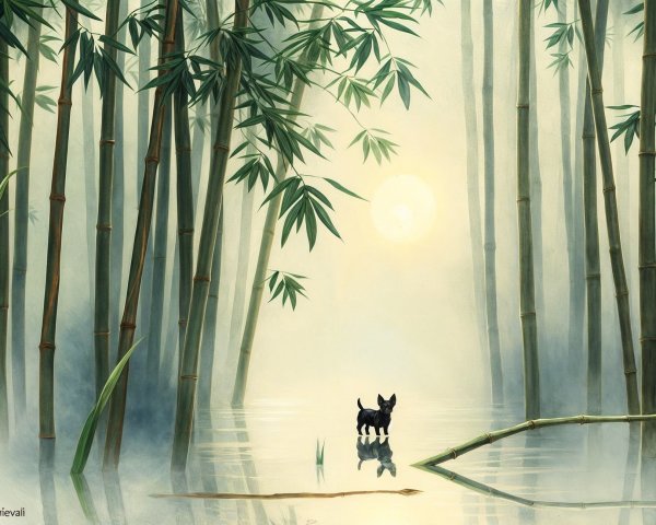 Misty Bamboo Forest with Dog in Tranquil Landscape