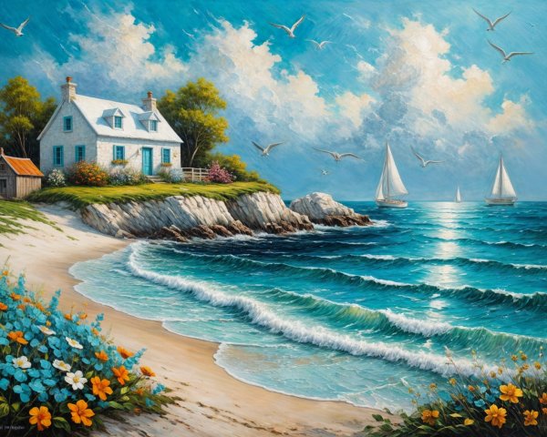 Coastal Scene with Cottage and Sailboats on Cliffs