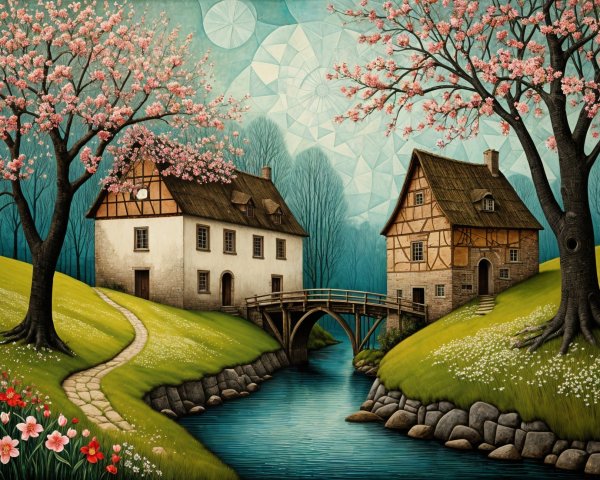 Charming Countryside Scene with Houses and River