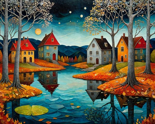 Whimsical Autumn Landscape with Colorful Homes and River