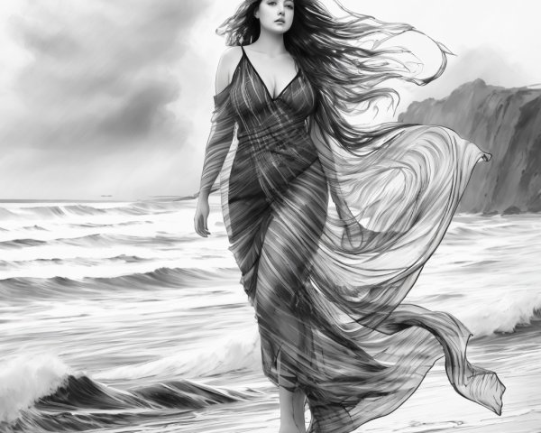 Woman in Sheer Dress on Serene Shoreline with Waves