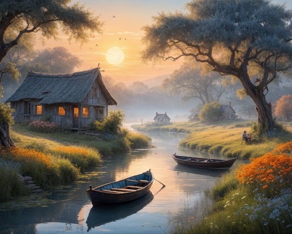 Serene Riverside Scene at Sunrise with Autumn Foliage