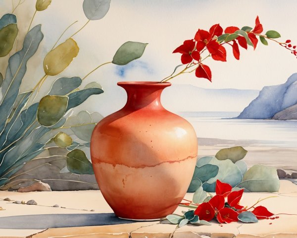 Terracotta Vase with Bougainvillea and Coastal View