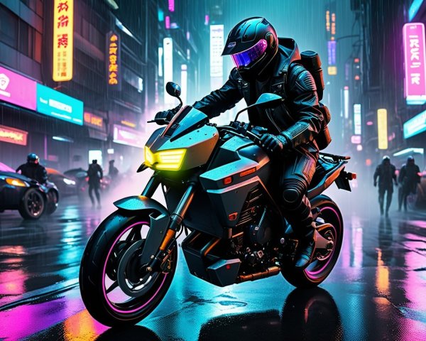 Futuristic Motorcycle Rider in Neon Cityscape