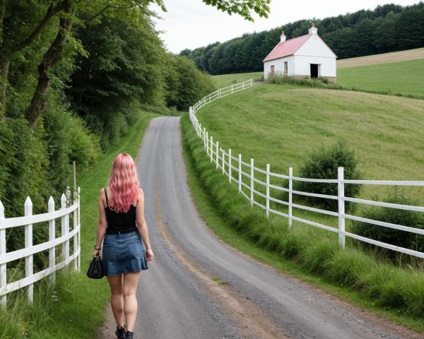 Woman with pink hair on a dirt road by fields