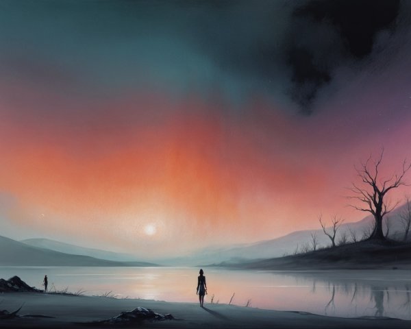 Serene Dusk Landscape with Lake and Silhouetted Figures