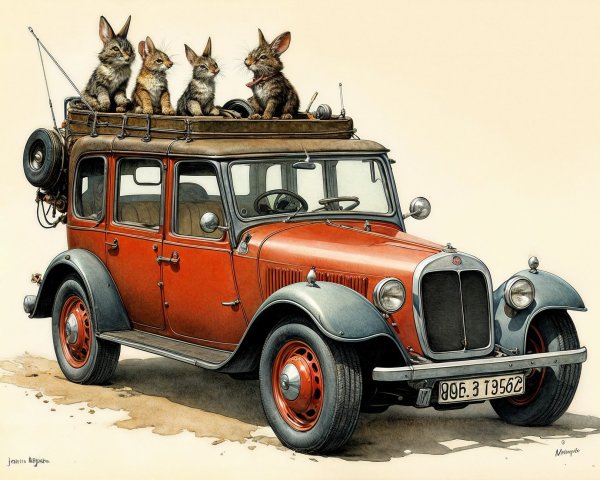Vintage Car with Playful Rabbits in Whimsical Scene