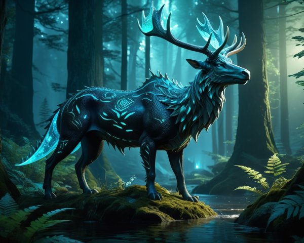 Majestic stag in a mystical forest with glowing patterns