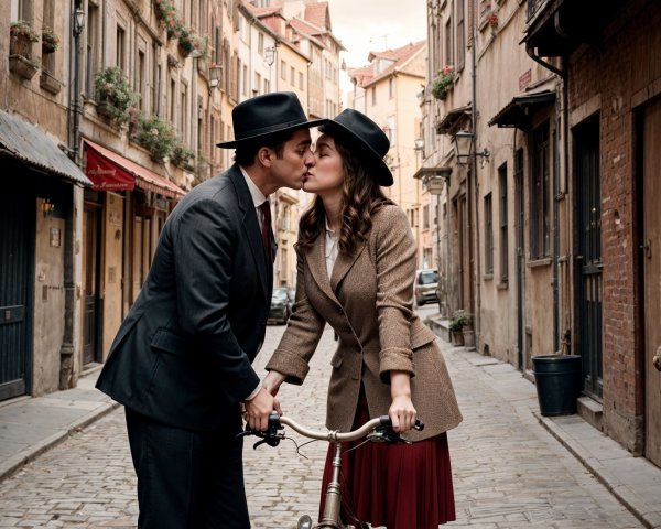 Stylish Couple in Romantic Cobblestone Street Scene