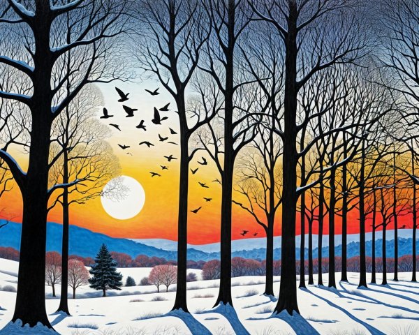 Serene Winter Landscape with Sunset and Bare Trees
