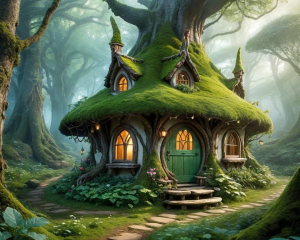 Moss-Covered Cottage in a Magical Forest Setting