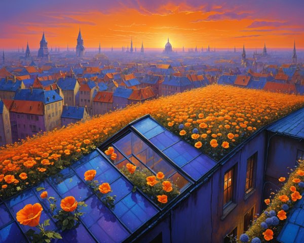 Twilight Cityscape with Floral Rooftops and Historic Buildings