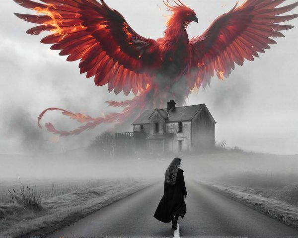 Vibrant Phoenix Above Grey House in Misty Landscape