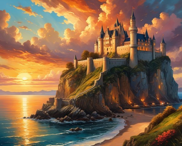 Castle on Cliff with Ocean View at Sunset
