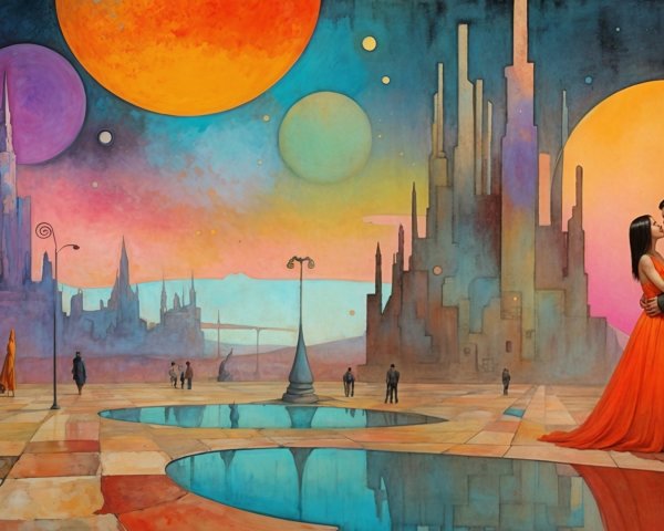 Surreal Landscape with Colorful Planets and Couples