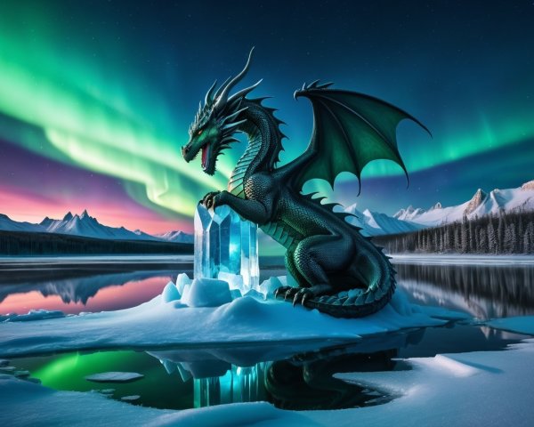 Black Dragon on Ice Crystal in Frozen Landscape