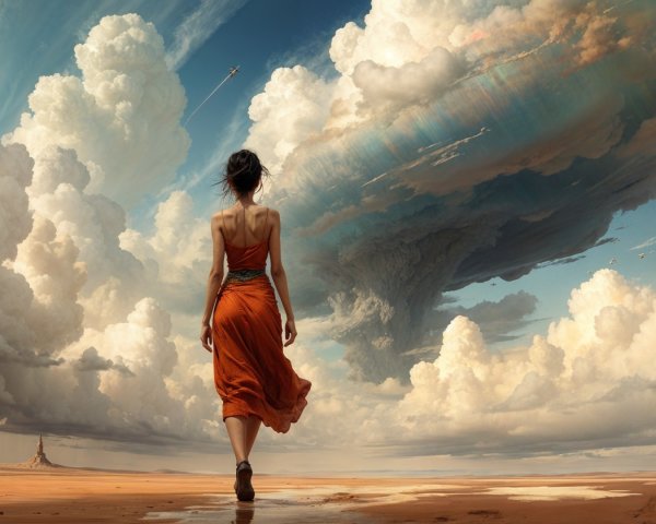 Silhouette in Orange Dress Against Dramatic Landscape
