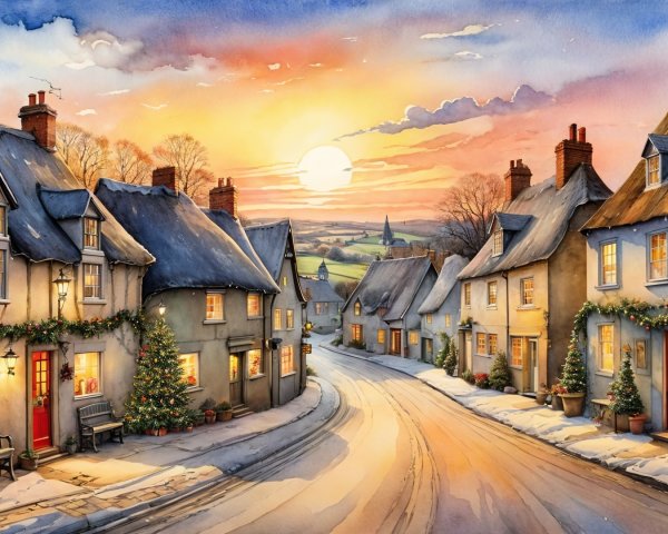Quaint Village Street Illuminated at Sunset in Winter