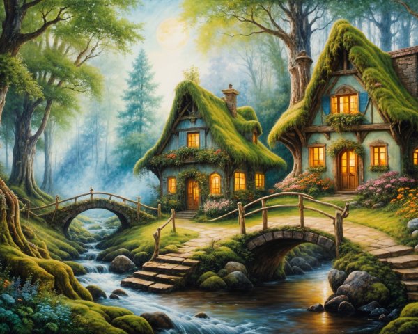 Charming Cottages with Lush Green Roofs and Stream