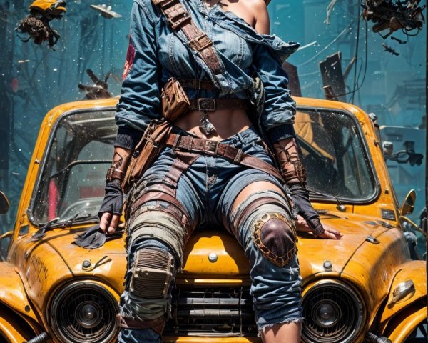 Post-Apocalyptic Scene with Female Character on Car