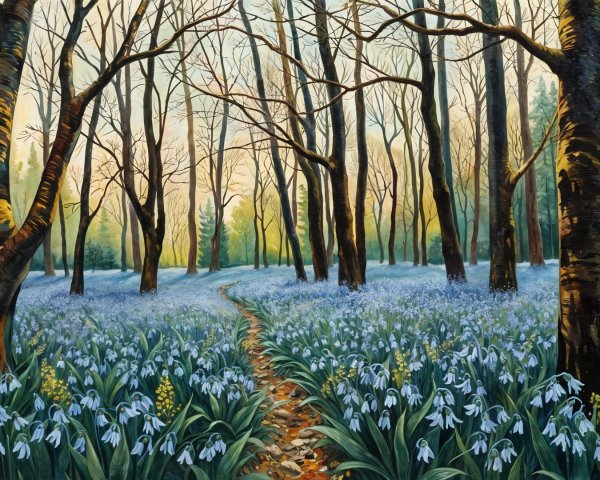 Serene forest scene with blooming snowdrops and trees