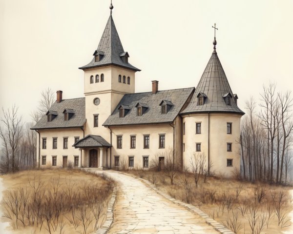Fairy-tale style castle with towers and serene landscape