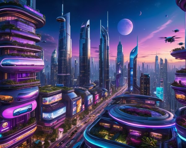 Futuristic cityscape with skyscrapers and neon lights