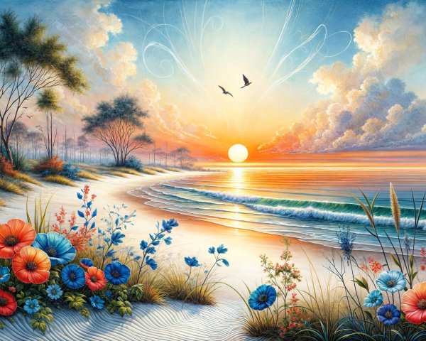Serene Beach Sunset with Vibrant Colors and Nature