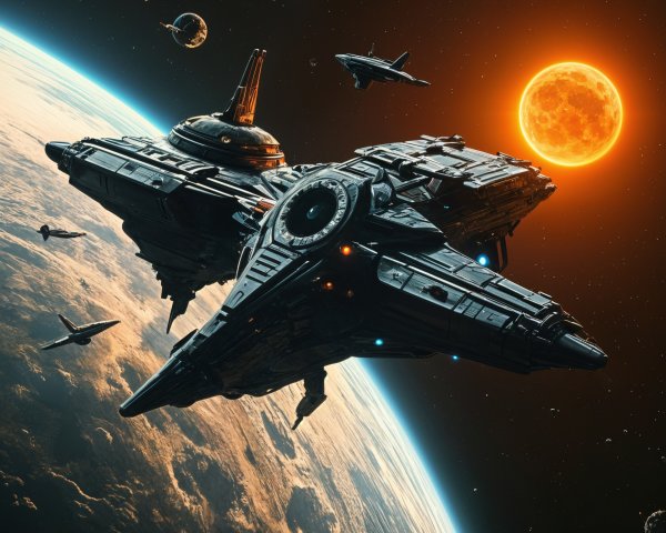 Futuristic spacecraft above a vibrant planet scene