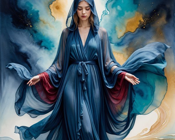 Serene Figure in Deep Blue Gown with Ethereal Backdrop