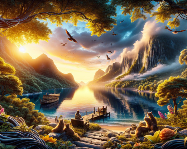 Mystical Fantasy Landscape with Sunset and Lake