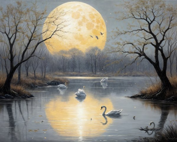 Moonlit Lake with Swans and Bare Trees at Night