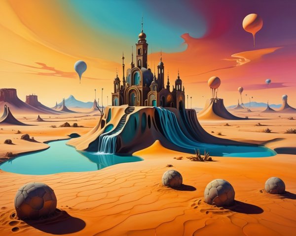 Surreal Desert Landscape with Castle and Hot Air Balloons