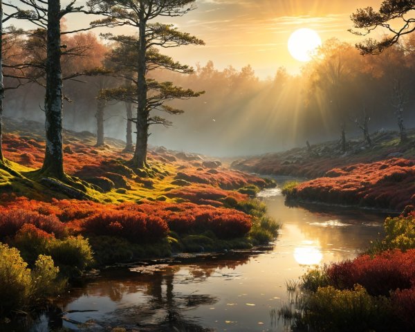 Serene Sunrise Landscape with Tranquil Stream and Foliage