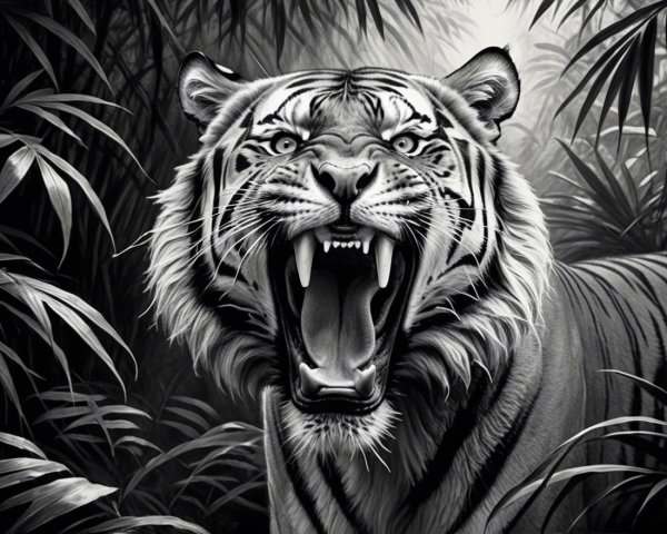 Fierce Tiger Roaring in Dense Jungle Foliage