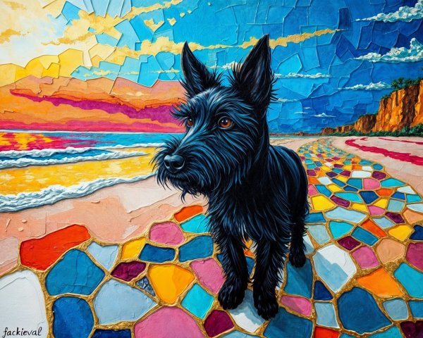 Colorful painting of a dog on a mosaic beach path